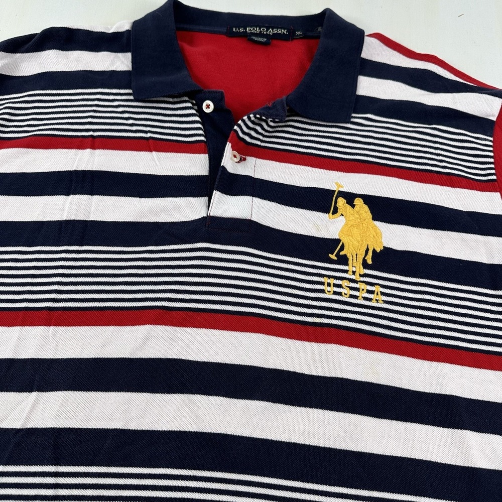 VTG U.S. Polo‎ Assn. Shirt Men Large Yellow Jockey Pony #3 Red Blue Stripes Y2K